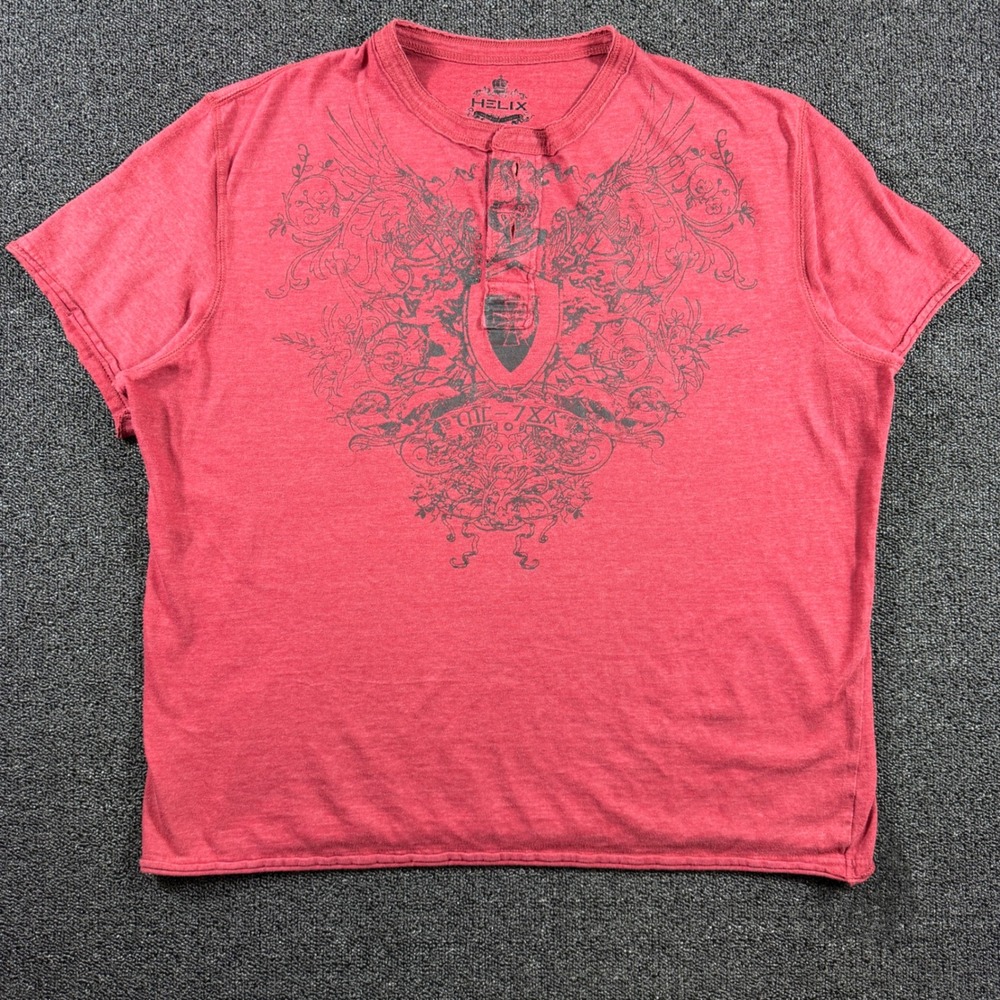 Helix Short Sleeve Henley Tee Mens XXL Red Heathered Gothic Tribal Graphic